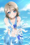  absurdres bare_shoulders blue_eyes breasts brown_hair cleavage grin highres looking_at_viewer love_live! love_live!_sunshine!! medium_breasts midriff navel ocean ribbon sarong short_hair smile solo splashing surfing_orange swimsuit watanabe_you water wet 