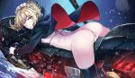  1girl absurdres anus artoria_pendragon_(all) artoria_pendragon_(swimsuit_rider_alter) ass back bikini_top black_bikini_top black_jacket black_legwear blonde_hair blue_bow bottomless bow breasts commentary_request eyebrows_visible_through_hair fate/grand_order fate_(series) from_side ground_vehicle hair_bow highres jacket jeffrey10 long_sleeves looking_at_viewer looking_to_the_side lying maid_headdress medium_breasts motor_vehicle motorcycle on_stomach open_clothes open_jacket outdoors parted_lips pussy rain short_hair sideboob sidelocks solo spread_legs thighhighs v-shaped_eyebrows water yellow_eyes 