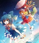  :d ^_^ arm_behind_head ascot bad_id bad_pixiv_id baocaizi beret black_footwear blonde_hair blue_bow blue_dress blue_eyes blue_hair blue_sky bow bowtie cirno closed_eyes crystal day dress flandre_scarlet flying frilled_shirt_collar frilled_skirt frills green_hat green_skirt green_vest hair_between_eyes hair_bow hat hat_bow highres hong_meiling ice ice_wings long_hair looking_at_viewer mary_janes multiple_girls night ocean open_mouth orange_hair outstretched_arms parasol puffy_short_sleeves puffy_sleeves red_bow red_eyes red_footwear red_neckwear red_skirt red_vest running shirt shoes short_sleeves side_ponytail side_slit skirt sky smile snowflakes spread_arms star_(sky) starry_sky touhou umbrella vest white_hat white_shirt wing_collar wings yellow_bow yellow_neckwear 