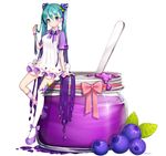  ankkoyom asymmetrical_legwear blue_eyes blue_hair blueberry blueberry_hair_ornament bow bowtie bracelet capelet dress dripping food food_themed_clothes food_themed_hair_ornament frilled_dress frills fruit full_body gradient_hair hair_ornament hairpin halterneck hatsune_miku high_heels holding holding_hair jam jar jewelry leaf leg_ribbon long_hair looking_at_viewer multicolored_hair platform_footwear purple_bow purple_footwear purple_hair purple_neckwear purple_ribbon red_bow ribbon shoe_bow shoes simple_background sitting smile solo strappy_heels twintails twitter_username very_long_hair vocaloid white_background white_dress white_legwear 