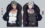  belt clenched_teeth coat color_guide contrapposto cropped_torso danganronpa danganronpa_3 dark_skin dark_skinned_male dual_persona fur-trimmed_jacket fur_trim green_hair grey_background hair_intakes hand_on_hip jacket jewelry kakio_romio male_focus multiple_boys necklace pale_skin pink_eyes prototype sakakura_juuzou silver_hair simple_background standing symmetrical_pose symmetry tattoo teeth 