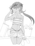  ass bare_shoulders butcher_knife dark_skin denim denim_shorts flower from_behind green_eyes greyscale hair_flower hair_ornament highleg highleg_panties ladle mao_(pokemon) monochrome nape ookamiuo panties pokemon pokemon_(game) pokemon_sm short_shorts shorts sketch solo thong trial_captain twintails underwear whale_tail 