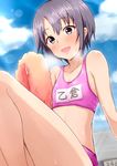  blue_sky breasts cloud commentary_request day heavy_breathing highres idolmaster idolmaster_cinderella_girls looking_at_viewer name_tag negija otokura_yuuki purple_eyes purple_hair sky small_breasts smile solo sports_bikini sweat towel track_and_field track_uniform 