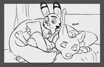  2016 anthro arctic_fox bed canine clothed clothing crossed_legs disney duo english_text female fox jack_savage lagomorph male mammal mistermead petting rabbit sitting skye_(zootopia) text zootopia 