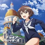  brave_witches brown_eyes brown_hair cloud day hair_ornament hairclip highres karibuchi_hikari official_art running school_uniform serafuku sky smile solo swimsuit swimsuit_under_clothes world_witches_series 