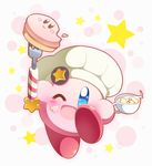  blue_eyes blush_stickers cake chef_hat commentary_request cup food food_on_face fork hat kirby kirby_(series) looking_at_viewer neru_(neruneruru) no_humans one_eye_closed open_mouth pink_background smile solo sparkling_eyes star star_hat_ornament teacup white_background white_hat 