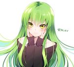  artist_name c.c. code_geass green_hair hands_on_own_face long_hair looking_at_viewer mvv off_shoulder smile solo yellow_eyes 