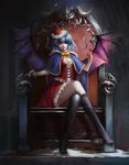  absurdres bat_wings blood blood_on_face bloody_hands blue_hair crossed_legs eyepatch hat highres kneehighs licking_lips looking_at_viewer mcaster red_eyes remilia_scarlet short_hair sitting solo throne tongue tongue_out touhou wings 