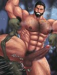  3boys abs anal anus ass ass_juice bara beard body_hair cum cum_in_ass cum_while_penetrated cumdrip drooling erection facial_hair fellatio forced forest green_skin interspecies large_penis leg_lift licking multiple_boys muscle nipples outdoors pecs penetration penis pointy_ears rape restrained saliva sex size_difference steam tears testicles threesome tongue tongue_out toto_(artist) yaoi 