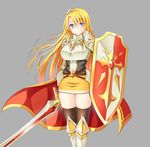  :o armor armored_boots benchen06 black_legwear blonde_hair blue_eyes boots breastplate cape cross cross_necklace highres jewelry knight long_hair looking_at_viewer miniskirt necklace original shield skirt solo sword thighhighs tiara very_long_hair weapon zettai_ryouiki 