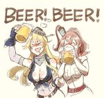  :d alcohol bangs bare_shoulders beer beer_mug belt blonde_hair blush breasts cleavage closed_eyes commentary cup detached_sleeves dress drinking drooling drunk english eyebrows eyebrows_visible_through_hair front-tie_top gloves hair_between_eyes highres holding holding_cup iowa_(kantai_collection) kantai_collection large_breasts long_hair multiple_girls navel nose_blush open_mouth pocket saratoga_(kantai_collection) short_sleeves smile takatsuki_nato text_focus white_dress 