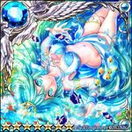  1girl aika_(guilty_dragon) armlet bead_necklace beads bikini blue blue_bikini blue_eyes blue_hair blue_sarong bracelet closed_mouth crown fish green_hair guilty_dragon jewelry kazura_enji long_hair looking_at_viewer multicolored_hair necklace sarong seashell shell smile solo star star-shaped_pupils swimsuit symbol-shaped_pupils thighlet upside-down 