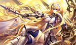  armor armored_dress artist_name blonde_hair breasts cleavage fate/apocrypha fate/grand_order fate_(series) gauntlets headpiece jeanne_d'arc_(fate) jeanne_d'arc_(fate)_(all) kousaki_rui large_breasts long_hair polearm signature smile solo spear sword thighhighs underboob very_long_hair weapon 