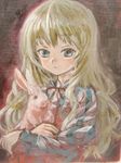  ama-tou animal blonde_hair blue_eyes bunny eyelashes frills holding holding_animal juliet_sleeves long_hair long_sleeves looking_at_viewer neck_ribbon nostrils oil_painting_(medium) original puffy_sleeves ribbon sketch solo striped wavy_hair 