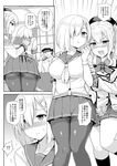  2girls admiral_(kantai_collection) beret between_breasts blush breasts comic commentary_request embarrassed epaulettes gloves greyscale hair_between_eyes hair_ornament hair_over_one_eye hairclip hamakaze_(kantai_collection) hat kantai_collection kashima_(kantai_collection) kerchief large_breasts long_sleeves military military_hat military_uniform miniskirt monochrome multiple_girls neckerchief open_mouth pantyhose pleated_skirt sama_samasa school_uniform serafuku short_hair short_sleeves skirt sweatdrop thighband_pantyhose translation_request twintails uniform 