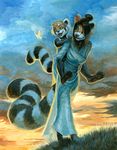  anthro arthropod butterfly clothed clothing day duo female grass hibbary insect male mammal open_mouth outside red_panda sky smile standing traditional_media_(artwork) yellow_eyes 