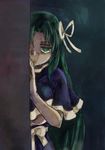  blue_capelet breasts capelet commentary_request dark_green_hair green_eyes green_hair hair_intakes hair_ribbon large_breasts long_hair looking_at_viewer mima no_hat no_headwear peeking_out ribbon solo touhou touhou_(pc-98) underboob upper_body very_long_hair yohane 