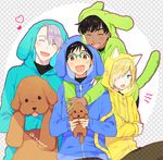  :d ^_^ animal_hood black_hair blonde_hair blue-framed_eyewear blush brown_eyes cat_hood closed_eyes dark_skin dark_skinned_male dog dog_hood fang glasses green_eyes hair_over_one_eye heart hood hoodie itonoko katsuki_yuuri makkachin male_focus multiple_boys open_mouth phichit_chulanont silver_hair smile twitter_username viktor_nikiforov yuri!!!_on_ice yuri_plisetsky 