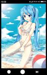  absurdres bad_id bad_pixiv_id ball beach beachball bikini blue_eyes blue_hair blurry breasts cleavage cloud day depth_of_field fang hair_ribbon hatsune_miku highres long_hair medium_breasts menghuan_tian navel ocean open_mouth outdoors ribbon sitting sky solo swimsuit twintails very_long_hair vocaloid water 