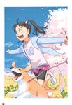  bike_shorts black_eyes black_hair cherry_blossoms dog dog_walking field flower flower_field hair_bobbles hair_ornament highres hood hood_down hoodie leash long_hair open_clothes open_hoodie open_mouth original outstretched_arms running shoes skirt sneakers solo spread_arms takamichi 