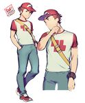  arm_up arucelli backpack bag baseball_cap brown_eyes brown_hair character_name denim hands_in_pockets hat highres jeans looking_at_viewer looking_away male_focus multiple_views pants pokemon pokemon_(game) pokemon_sm raglan_sleeves red_(pokemon) shirt shoes simple_background sneakers sweat t-shirt twitter_username white_background 