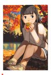 autumn autumn_leaves backpack bag bangs bare_legs black_eyes black_hair blunt_bangs border cross-laced_footwear food fruit hair_ribbon highres holding holding_food holding_fruit lake legs_together long_hair long_sleeves looking_at_viewer miniskirt nature on_ground original outdoors page_number pantyhose persimmon ribbed_legwear ribbed_sweater ribbon scan shoes sitting skirt smile sneakers socks solo source_request sweater takamichi tree turtleneck w_arms white_border 