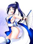  alternate_costume ass blue_hair breasts commentary_request cosplay fan fatal_fury highres kenken large_breasts long_hair love_live! love_live!_sunshine!! matsuura_kanan pelvic_curtain ponytail purple_eyes shiranui_mai shiranui_mai_(cosplay) sideboob the_king_of_fighters thighs 