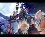  armor bad_id bad_pixiv_id bibita black_gloves black_hair blonde_hair blue_eyes blue_hair full_moon gloves green_eyes hair_over_one_eye hakama hat hood hotarumaru japanese_armor japanese_clothes kashuu_kiyomitsu kogitsunemaru letterboxed male_focus mikazuki_munechika moon multiple_boys ootachi ponytail red_eyes shishiou shishiou_no_mofumofu shorts shoulder_armor smile sode sword torii touken_ranbu tsurumaru_kuninaga weapon white_hair yellow_eyes 