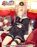  1girl black_dress bucchake_(asami) couch dress eyes_closed hand_on_own_stomach jokou koihime_musou leaning_back long_hair official_art open_mouth pillow pink_hair scarf short_dress side_ponytail sitting sleeping solo thigh_strap white_scarf window 