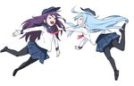  2girls :d ^_^ akatsuki_(kantai_collection) alternate_hair_length alternate_hairstyle anchor_symbol black_legwear black_shoes blue_skirt blush closed_eyes closed_mouth full_body hat hibiki_(kantai_collection) kantai_collection loafers long_hair multiple_girls neckerchief open_mouth outstretched_arms pantyhose pleated_skirt purple_hair roman_numerals sailor_collar shirt shoes sideways_mouth simple_background skirt smile tonmoh very_long_hair white_background white_shirt 