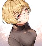  bangs black_sweater blonde_hair bob_cut breasts closed_mouth eyelashes from_above glasses large_breasts lips looking_at_viewer looking_to_the_side looking_up mole mole_under_eye original red_eyes rimless_eyewear round_eyewear shichimi short_hair solo sweater turtleneck turtleneck_sweater upper_body 
