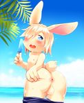  anthro anus balls blue_eyes blush butt clothed clothing cub food lagomorph male mammal one_eye_covered open_mouth panashe pants_down partially_clothed popsicle presenting presenting_hindquarters rabbit solo summon_night sweat topless young とろろうどん 