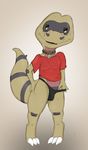  barefoot bulge clothing collar crocodilian digitigrade english_text front_view full-length_portrait hand_on_hip krokorok looking_at_viewer mettle nintendo pinup pok&eacute;mon portrait pose reptile scalie shirt solo stripedcrocodile t-shirt text thong underwear_pull video_games 