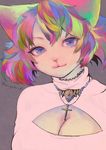  2016 :3 anthro blue_eyes breasts bust_portrait cat cleavage clothed clothing cross eyelashes feline female fur hair jewelry keyhole_turtleneck kiichi looking_at_viewer mammal multicolored_hair necklace pendant pink_nose portrait rainbow_hair signature simple_background smile solo sweater whiskers white_fur 