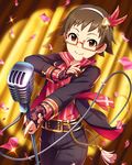  artist_request black_jacket black_pants brown_eyes brown_hair confetti fingerless_gloves glasses gloves hairband idolmaster idolmaster_cinderella_girls jacket kitagawa_mahiro microphone nail_polish necktie official_art orange-framed_eyewear pants shirt short_hair smile solo striped striped_shirt vintage_microphone 