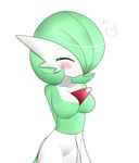  &lt;3 blush clothing cute dress eyes_closed gardevoir green_hair green_skin hair hair_over_eye hands_behind_back happy multicolored_skin nintendo pok&eacute;mon sana!rpg simple_background smile two_tone_skin video_games white_background white_skin yes!rpg 