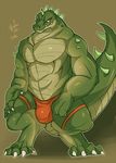  bristles clothing crocodile crocodilian feet male muscular muscular_male pecs reptile scalie smile solo teeth underwear 