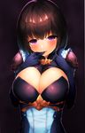  absurdres bangs black_hair blush bob_cut boruhis breasts cleavage commentary_request elbow_gloves erika_(shadowverse) eyebrows eyebrows_visible_through_hair finger_to_mouth frills gloves hair_between_eyes highres large_breasts looking_at_viewer parted_lips purple_eyes shadowverse short_hair shoulder_armor solo spaulders 