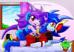  ... 2016 anthro arung98 bed bedroom blue_hair blush boots breasts carol_tea clothing dragon duo_focus english_text fan_character feline female footwear freedom_planet gloves group hair horn long_hair male male/female mammal purple_hair sash_lilac shorts text video_games watermark wildcat 