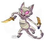  adventure_time anthro bandage cartoon_network cat clothing daggers digital_media_(artwork) fangs feline female fur grey_fur hi_res holding_object holding_weapon knife mammal me-mow melee_weapon open_mouth simple_background solo weapon weremagnus white_background 