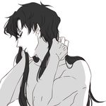 adjusting_hair alternate_hairstyle androgynous aoio525 bishoujo_senshi_sailor_moon closed_eyes crescent crescent_earrings earrings greyscale hair_down jewelry long_hair lowres male_focus monochrome profile seiya_kou shirtless solo 