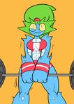  abs anthro big_breasts blue_body breasts cleavage clothed clothing exercise female green_hair hair liska_(scalie_schoolie) lizard orange_background reptile scalie scalie_schoolie simple_background solo sweat unknown_artist weightlifting workout yellow_eyes 