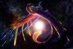  blue_eyes blue_fur claws cosmic_feathers digital_media_(artwork) dragon feathered_dragon feathered_wings feathers flying fur furred_dragon hair isvoc night nude red_feathers red_hair scalie sky star starry_sky western_dragon wings yellow_feathers yellow_fur 