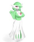  big_breasts breasts clothing dress female gardevoir green_hair green_skin hair hair_over_eye hand_on_breast looking_at_viewer multicolored_skin nintendo open_mouth pok&eacute;mon red_eyes sana!rpg smile solo two_tone_skin video_games white_skin yes!rpg 