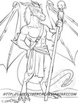  anthro clothed clothing cybercat dragon hair horn male monochrome solo staff standing wings 
