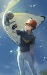 a-shacho black_gloves blue_sky blurry blurry_background brown_eyes brown_hair butterfree crying dated eye_contact fingerless_gloves gen_1_pokemon gloves hat highres jacket looking_at_another male_focus outdoors pants pokemon pokemon_(anime) pokemon_(creature) red_hat satoshi_(pokemon) sky standing tears 