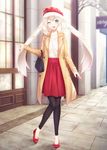  :d bag black_legwear blue_eyes day eyebrows eyebrows_visible_through_hair fal fashion fate/grand_order fate_(series) handbag highres impossible_hair leggings long_hair long_sleeves looking_at_viewer marie_antoinette_(fate/grand_order) necktie one_eye_closed open_mouth outdoors red_footwear shoes sleeves_past_wrists smile solo standing trench_coat twintails very_long_hair 
