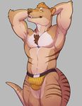  2016 anatomically_correct animal_genitalia anthro armpits balls briefs brown_fur bulge chest_floof clothed clothing fangs floof fur knuxlight looking_at_viewer male mammal marsupial muscular navel penis_outline raised_arm simple_background smile solo standing stripes teeth thick_tail thylacine topless underwear yellow_eyes 