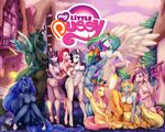  2016 anthro anthrofied applejack_(mlp) blonde_hair blue_feathers breasts butt changeling cloud comic cutie_mark derpy_hooves_(mlp) earth_pony english_text equestria equine eyes_closed feathered_wings feathers featureless_crotch female fluttershy_(mlp) friendship_is_magic group hair hand_on_hip hole_(anatomy) horn horse insect_wings long_hair mammal multicolored_hair my_little_pony navel outside patreon pegasus pink_hair pinkie_pie_(mlp) pony princess_cadance_(mlp) princess_celestia_(mlp) princess_luna_(mlp) queen_chrysalis_(mlp) rainbow_dash_(mlp) rainbow_hair rarity_(mlp) smile text twilight_sparkle_(mlp) unicorn white_feathers winged_unicorn wings yellow_feathers zingiber 