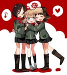  alina_(girls_und_panzer) black_hair blonde_hair blue_eyes blush blush_stickers boots brown_eyes brown_hair closed_eyes eighth_note fang fur_hat girl_sandwich girls_und_panzer hat heart hug katyusha military military_uniform multiple_girls musical_note nina_(girls_und_panzer) open_mouth pravda_school_uniform sandwiched speech_bubble spoken_heart spoken_musical_note squiggle sunameri_oishii thought_bubble twintails uniform ushanka 